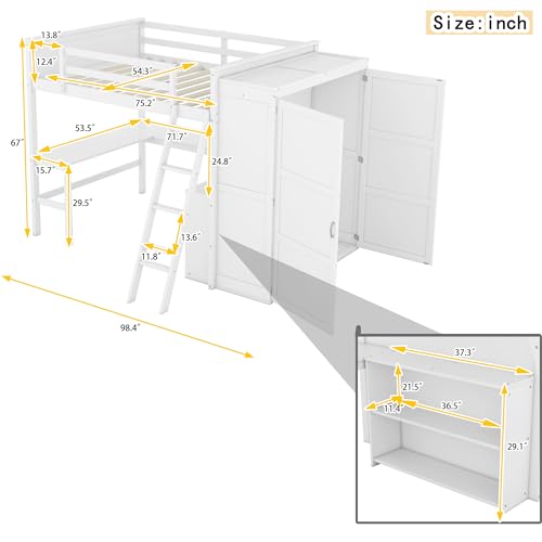 Grey Twin Size Solid Wood Loft Bed with Desk and Wardrobe X3353