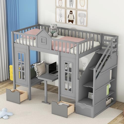 White Wooden Bunk Beds with Stairs and 2 Storage Drawers N6358