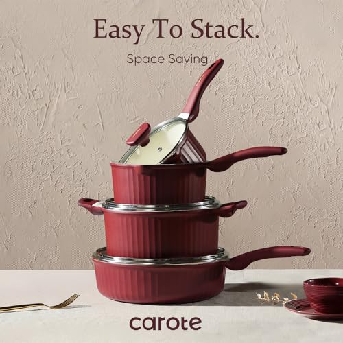 12pcs Non Stick Granite Pots and Pans Set, Dark Red T45138