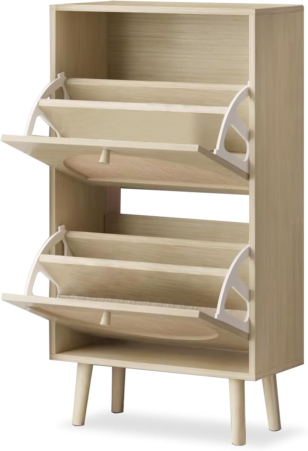 2 Drawers Slim Shoe Cabinet Rattan Shoe Storage Cupboard Organizer Unit with Doors O562889