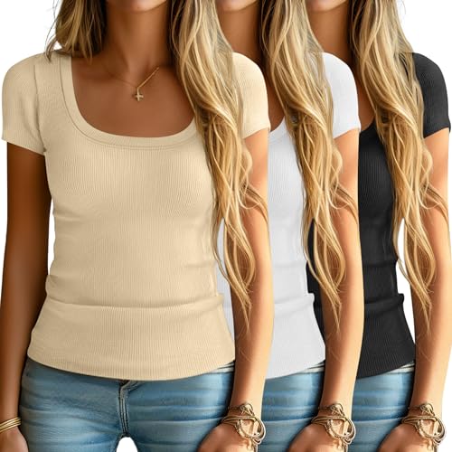 3 Pack Women's Short Sleeve Scooped Neck Ribbed Knit Tee U3881