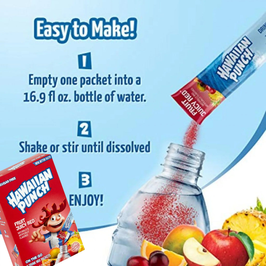 Hawaiian Punch On The Go Powder Packets Fruit Juicy Red Flavors Water Enhancer Sugar-Free Low-Calorie Beverages 8 Sticks (48 Total Servings) N160858