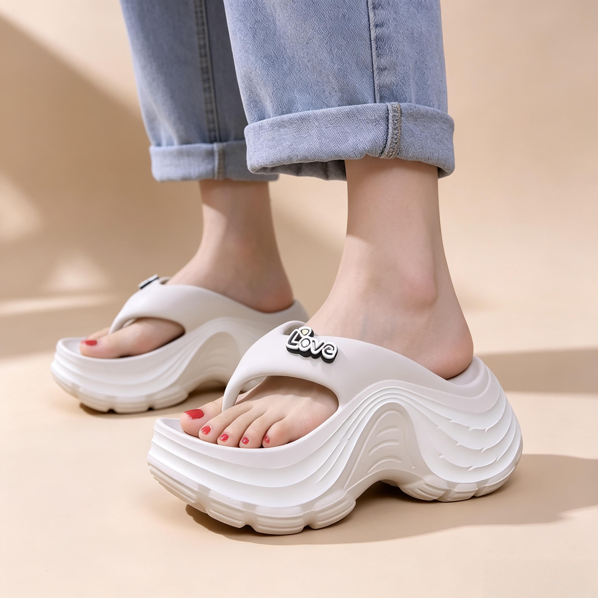 Women's Platform Love Charm Flip Flops Thick Sole Slip-On Sandals