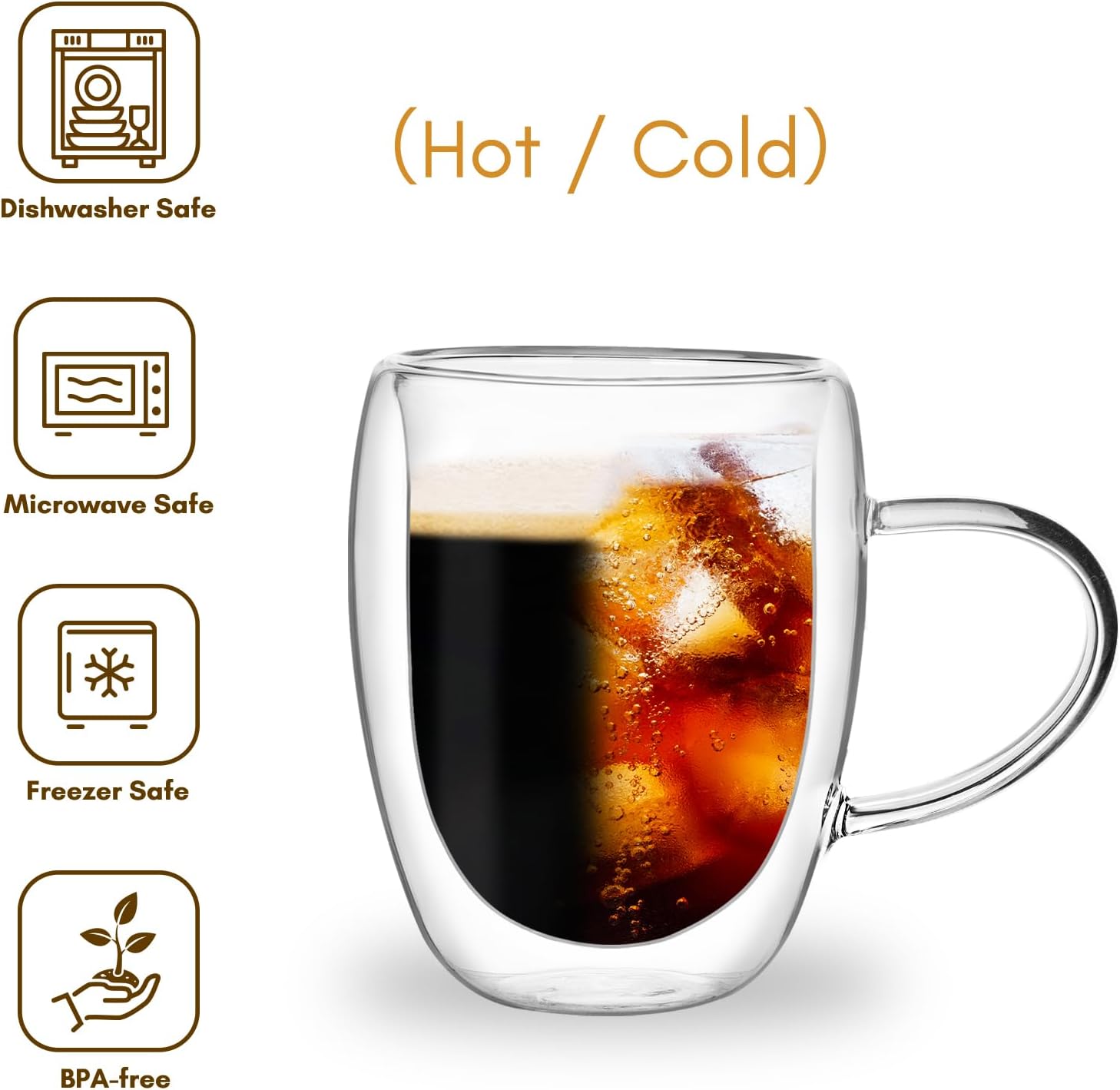 12oz Clear Glass Double Walled Coffee Mugs Set of 2 S173