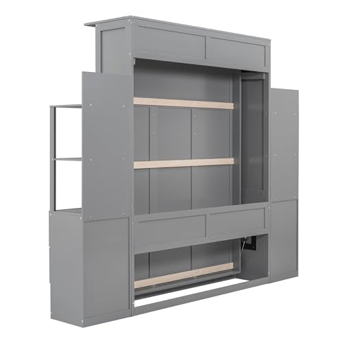 Gray Queen Size Wood Wall Bed with Shelves and Drawers T2974