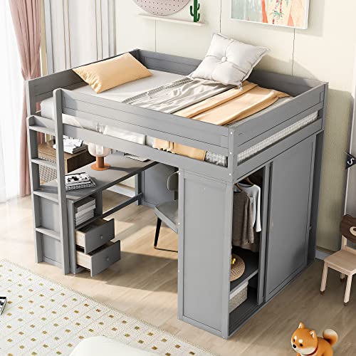 White Full Size Wooden Loft Bed with Storage Wardrobe and Desk A3242
