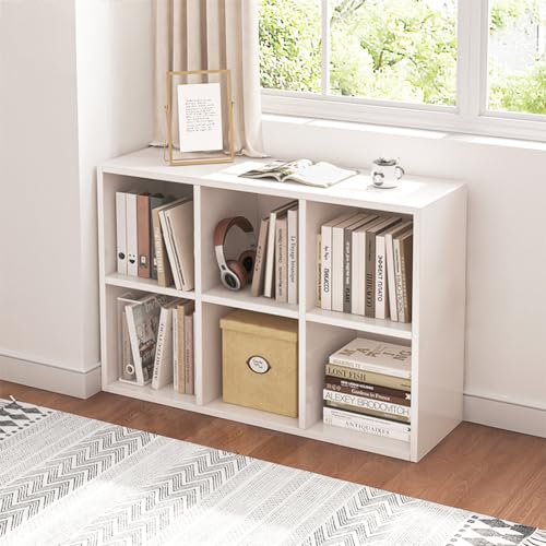 Oak 6 Cube Organizer Bookcase with Fabric Storage Bins X536