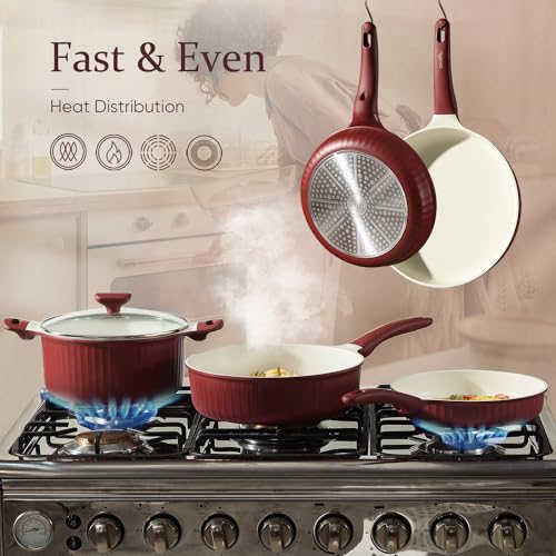 12pcs Non Stick Granite Pots and Pans Set, Dark Red T45138