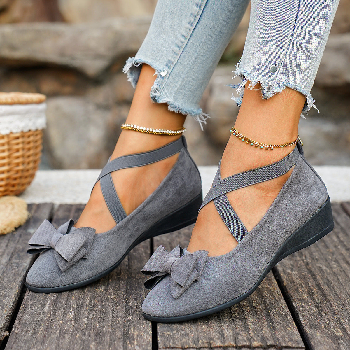 Women Bow Wedge Shoes Criss Cross Strap Suede Mary Jane Flats