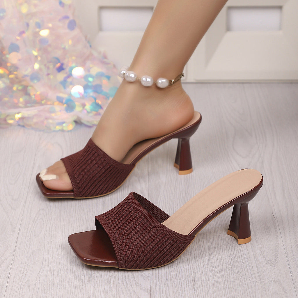 Ribbed Knit Square Toe Block Heel Mules – Comfortable Slip-On Sandals
