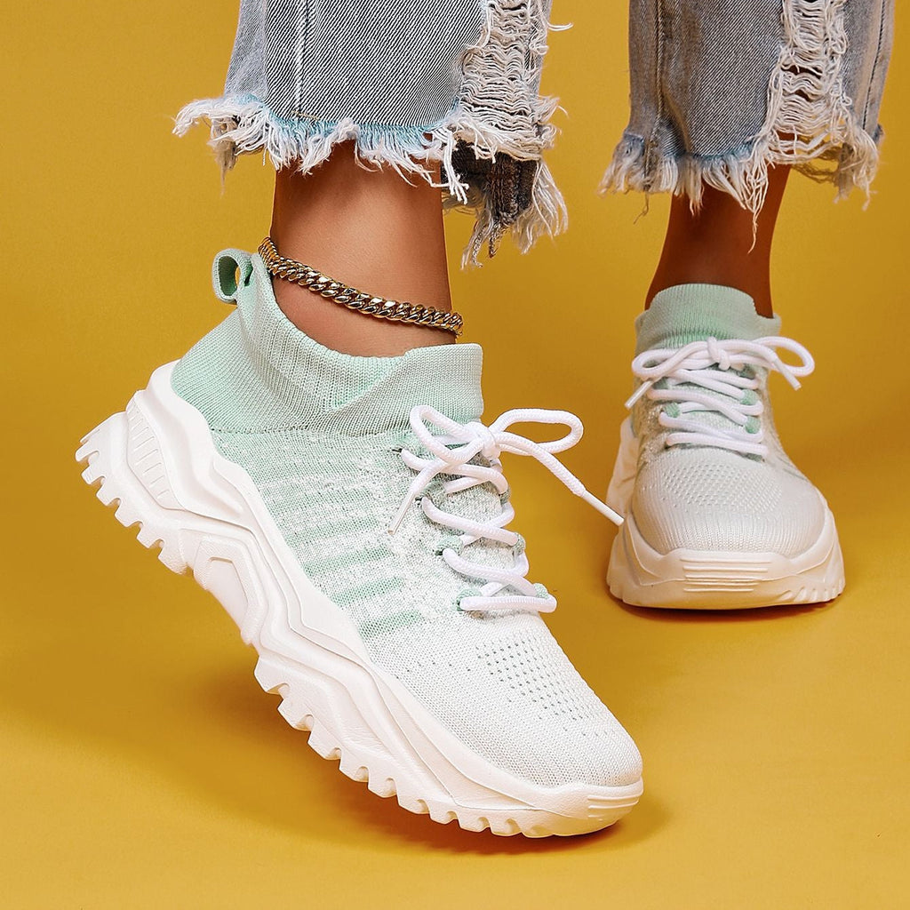 Women Knit Sneakers Chunky Platform Sock Shoes Lace Up Breathable Casual Trainers