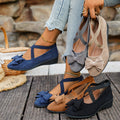 Women Bow Wedge Shoes Criss Cross Strap Suede Mary Jane Flats