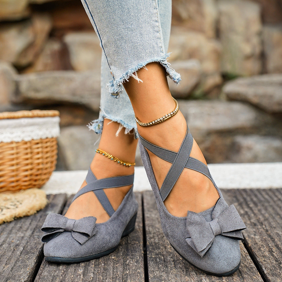 Women Bow Wedge Shoes Criss Cross Strap Suede Mary Jane Flats