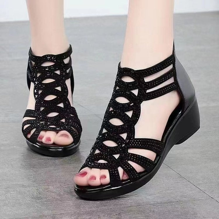 Women Peep Toe Cutout Wedge Sandals Rhinestone Hollow Out Gladiator Style Shoes