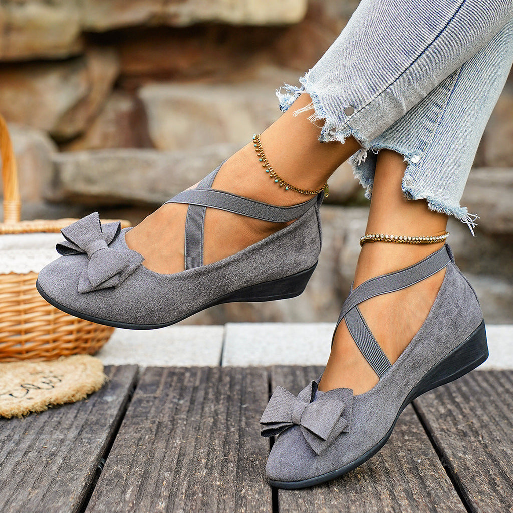Women Bow Wedge Shoes Criss Cross Strap Suede Mary Jane Flats