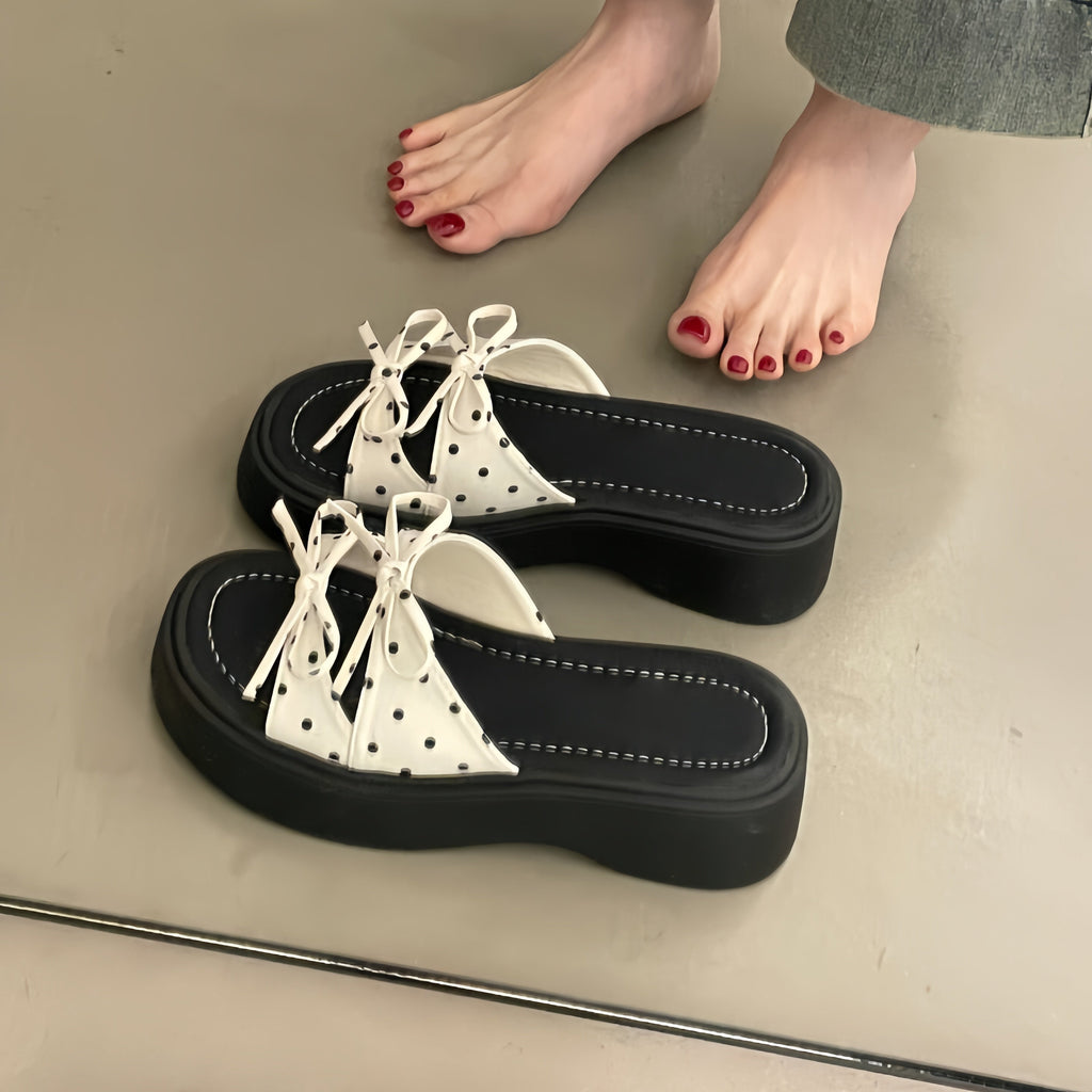 Polka Dot Bow Platform Slide Sandals Women - Chunky Thick Sole Summer Slippers