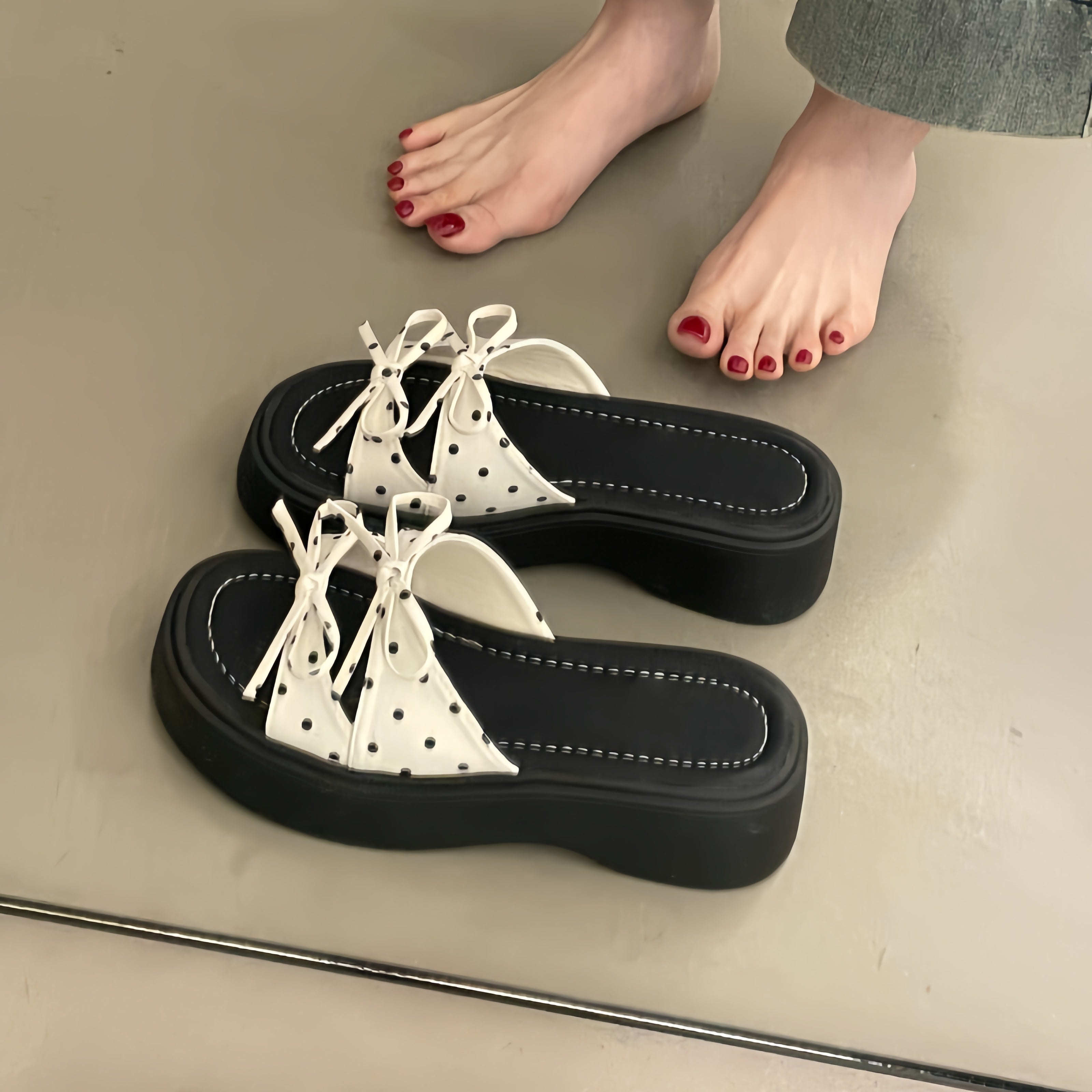Polka Dot Bow Platform Slide Sandals Women - Chunky Thick Sole Summer Slippers