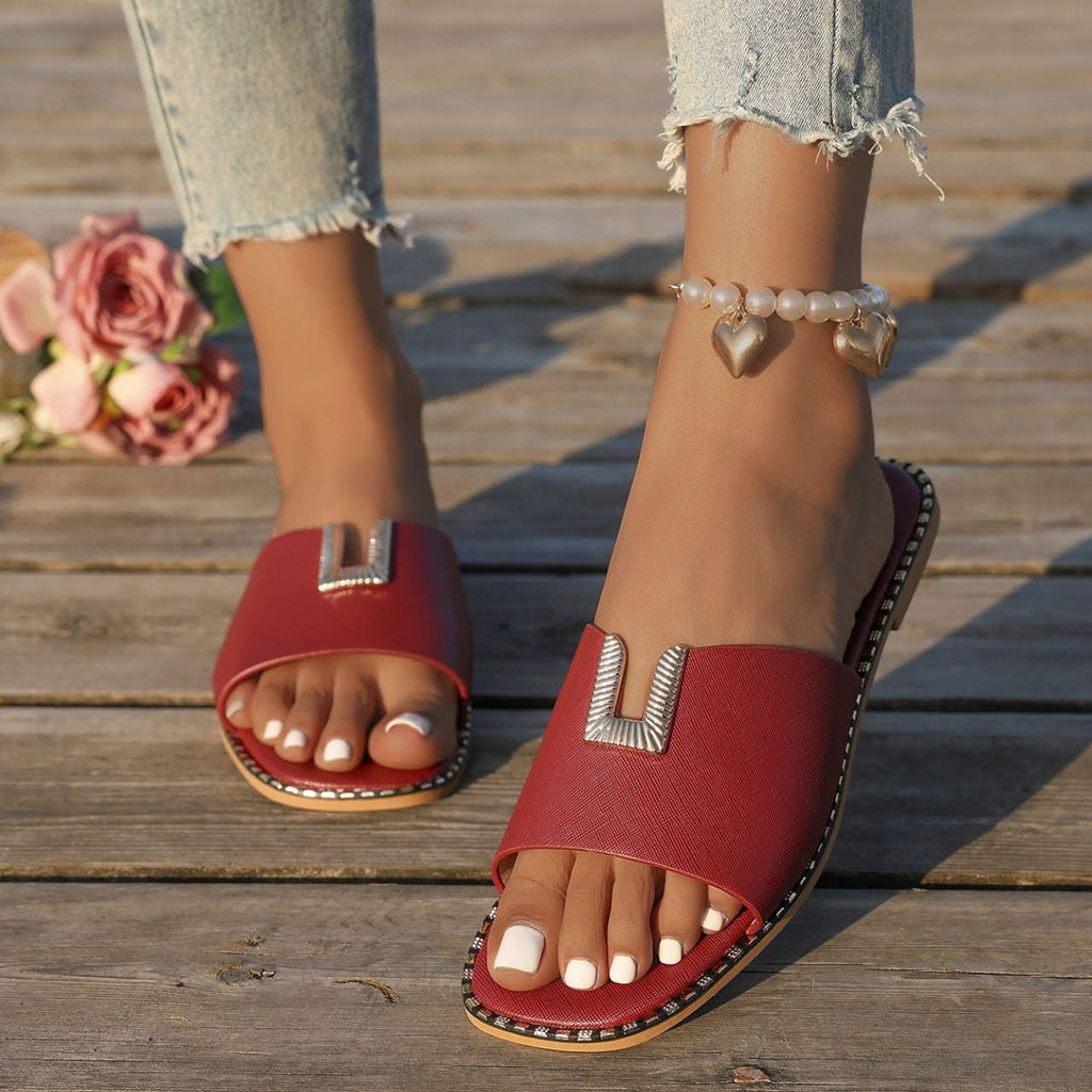 Women's Square Toe Slide Sandals with Gold U-Buckle Ornament – Studded Flat Slippers