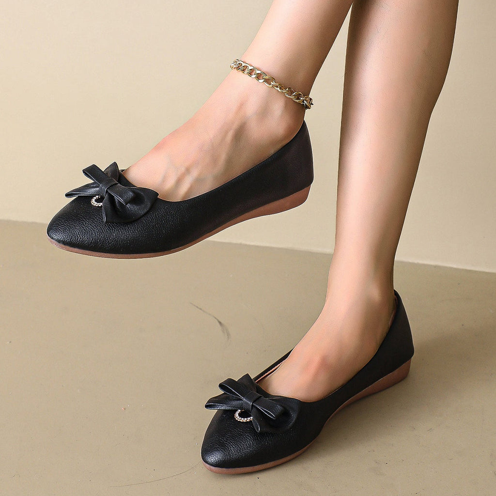 Women Pointed Toe Bow Flats with Rhinestone Comfort Low Wedge Shoes