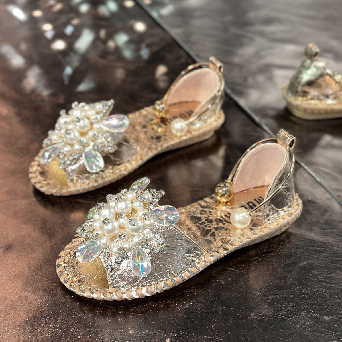 Women Sparkly Pearl Crystal Embellished Peep Toe Flat Sandals with Ankle Strap