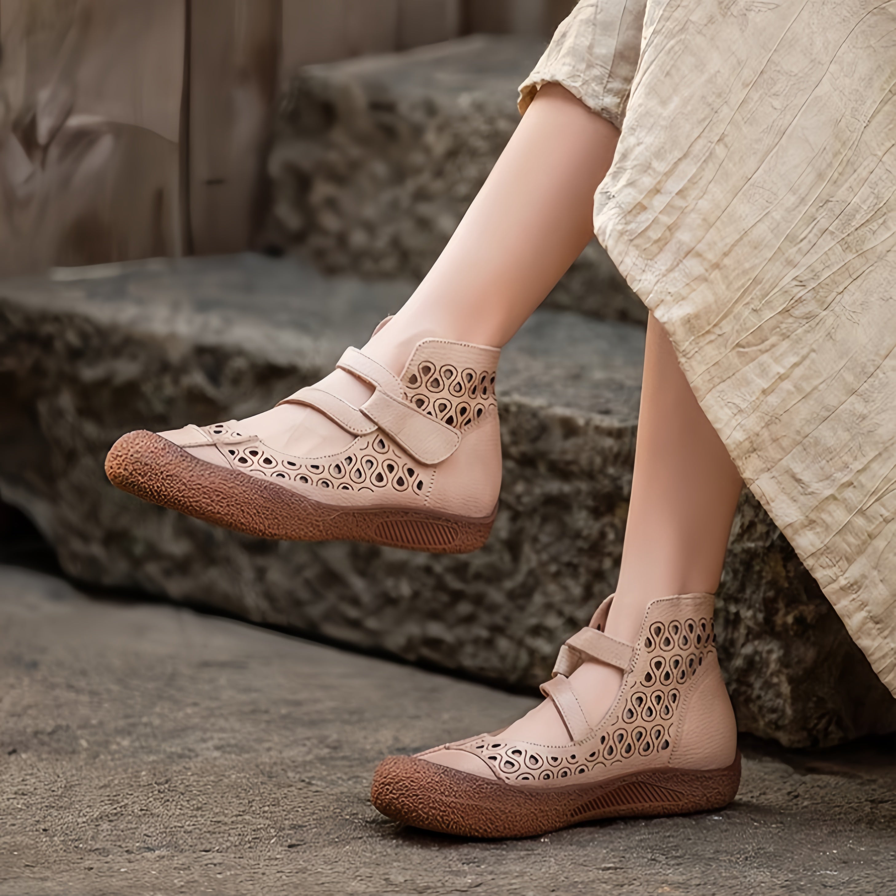 Women Retro Leather Cutout Mary Jane Shoes - Comfortable Breathable Wedge Sandals