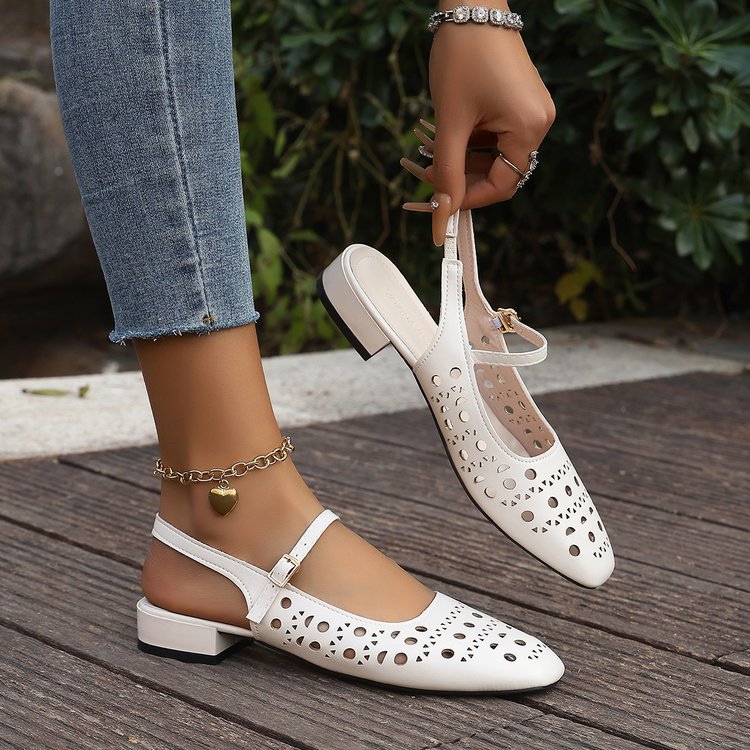 Women's Perforated Slingback Flats – Square Toe Low Heel Mary Jane Shoes