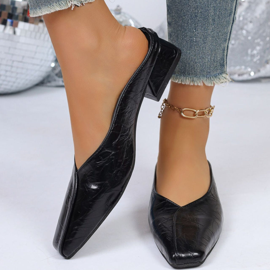 Chic Crocodile Texture Square Toe Block Heel Mules - 3.5cm Low Heel Slip-On Shoes