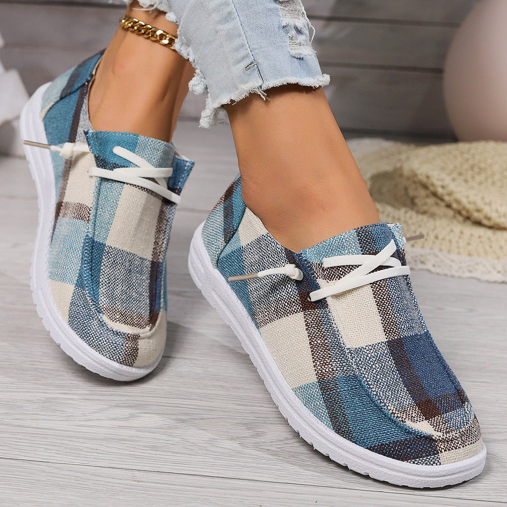 Plaid Canvas Slip-On Sneakers Women Casual Lace-Up Comfort Shoes