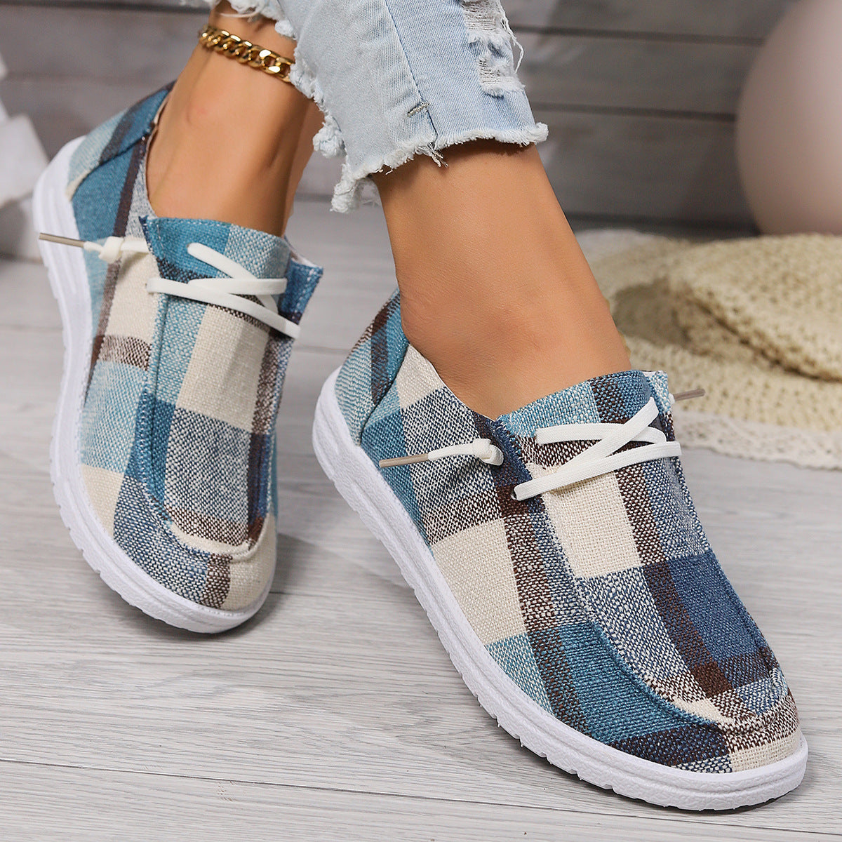 Plaid Canvas Slip-On Sneakers Women Casual Lace-Up Comfort Shoes