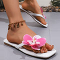 Women's White Square Toe Orchid Flower Flat Sandals with Charm Anklet