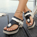 Women's Platform Wedge Thong Sandals - Black White Buckle Strap Chunky Heel Summer Shoes
