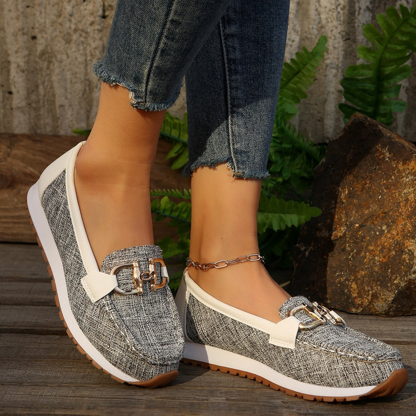 Women's Casual Loafers with Gold Buckle – Comfortable Platform Slip-On Shoes