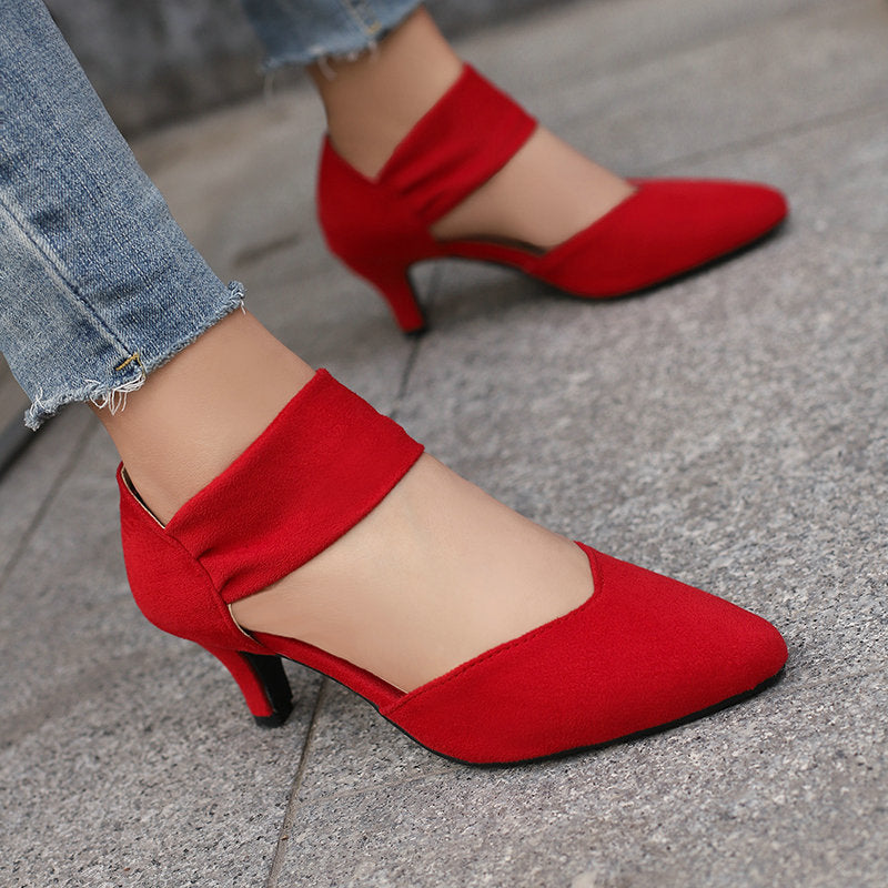 Women Pointed Toe Kitten Heel Ankle Strap Pumps - Suede Low Heel Dress Shoes