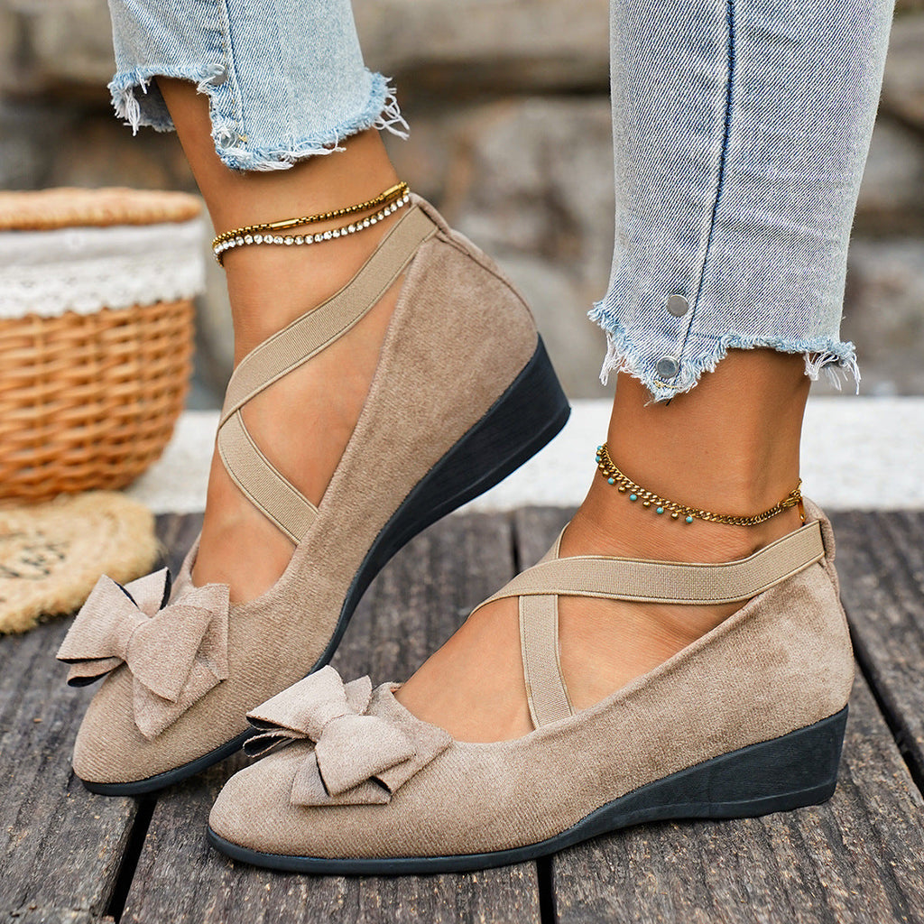 Women Bow Wedge Shoes Criss Cross Strap Suede Mary Jane Flats