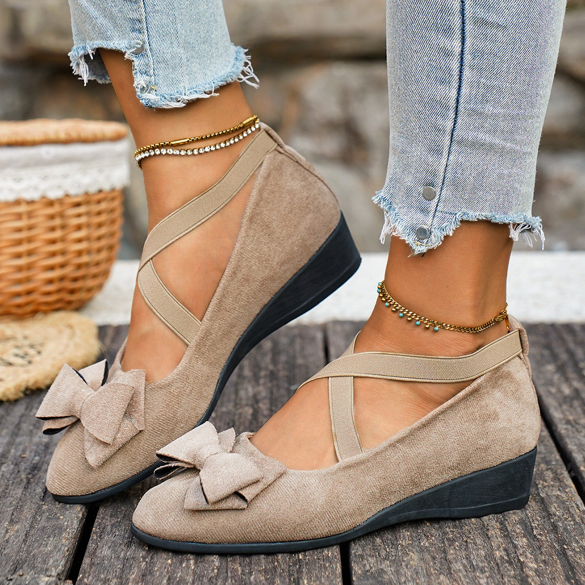 Women Bow Wedge Shoes Criss Cross Strap Suede Mary Jane Flats