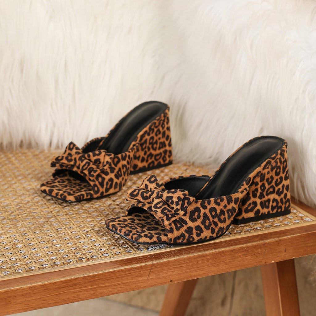 Leopard Print Bow Block Heel Mules - Square Toe Chunky Heeled Sandals