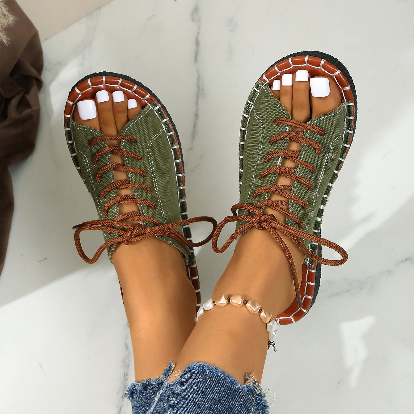 Women's Lace-Up Peep Toe Slide Sandals Casual Comfort Flat Sandals