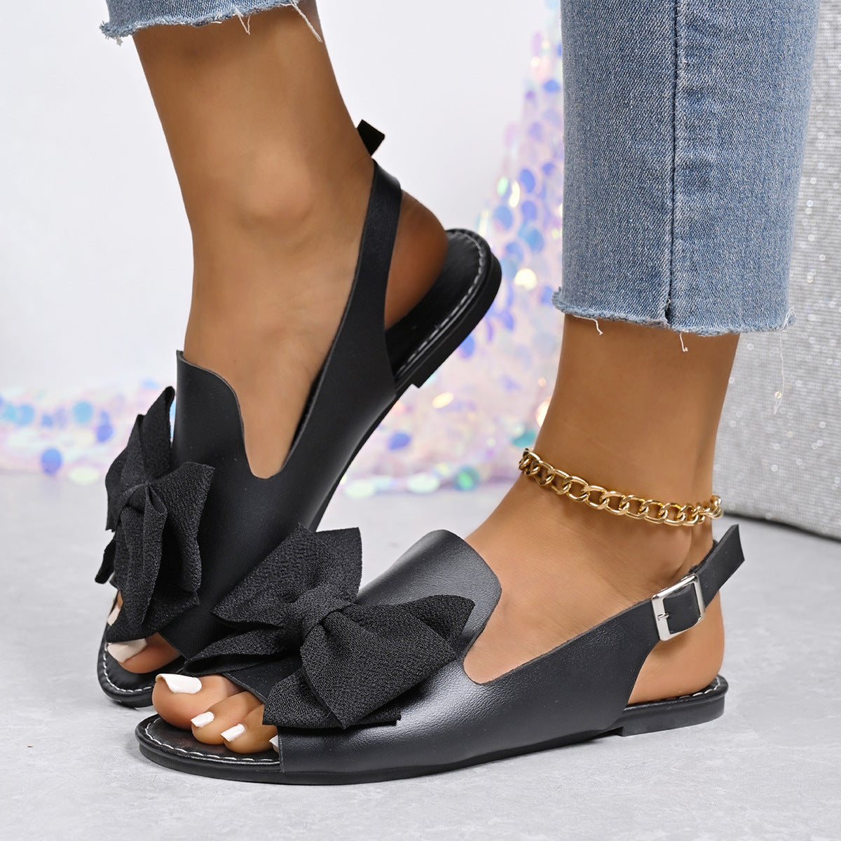 Women Peep Toe Bow Flat Sandals with Ankle Strap - Comfortable Summer Dress Shoes