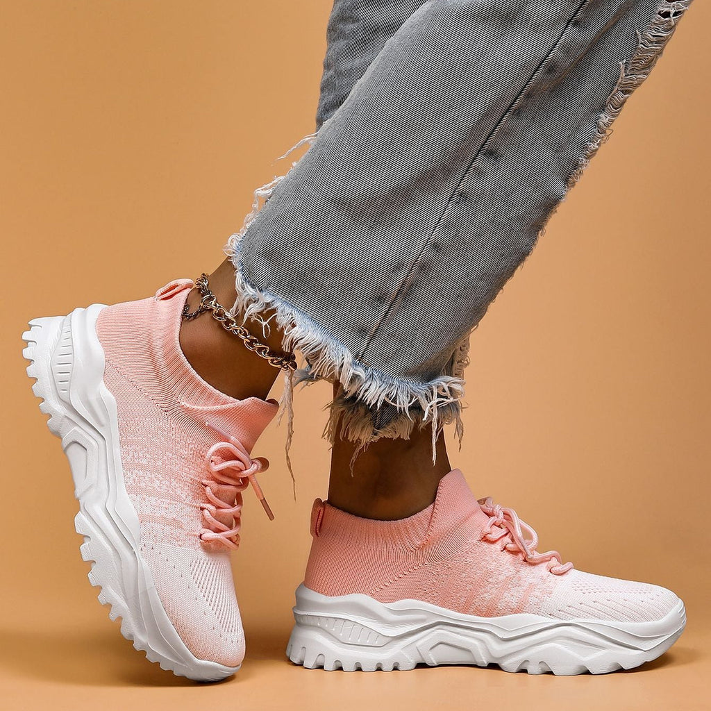 Women Knit Sneakers Chunky Platform Sock Shoes Lace Up Breathable Casual Trainers