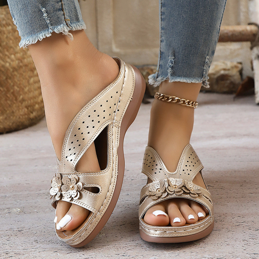 Women’s Platform Slide Sandals with Flower Embellishment – Perforated Breathable Comfort Wedges