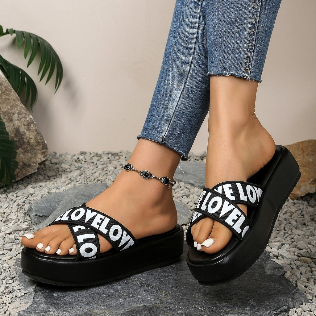 Women's LOVE Cross-Strap Platform Slide Sandals – Lightweight Casual Comfort Slippers