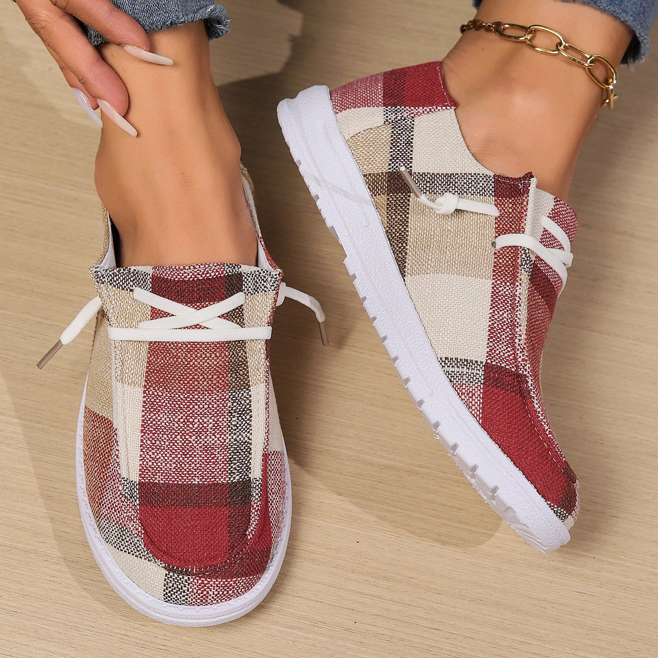 Plaid Canvas Slip-On Sneakers Women Casual Lace-Up Comfort Shoes