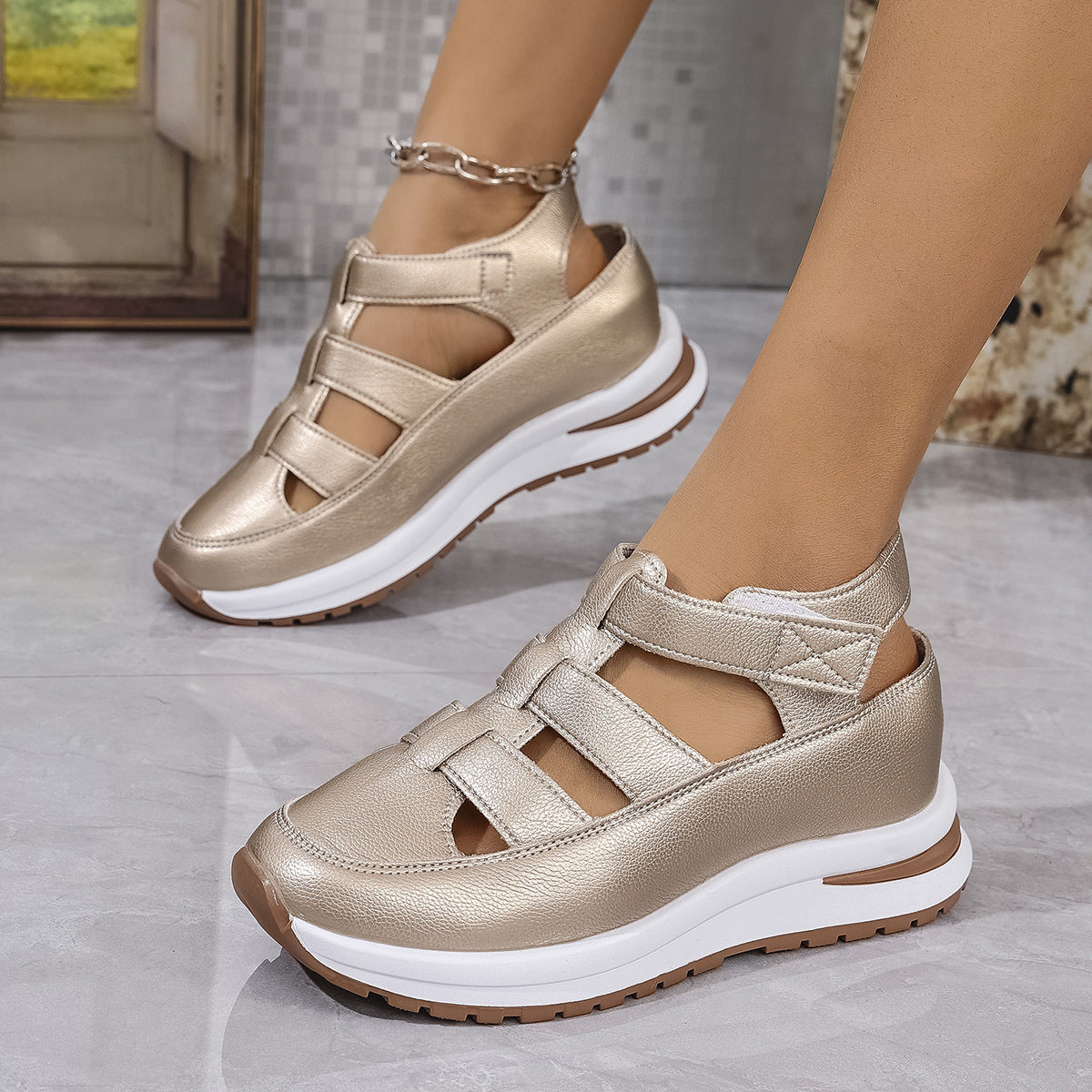 Women Platform Velcro Sandals Chunky Sole Cutout Comfort Casual Shoes