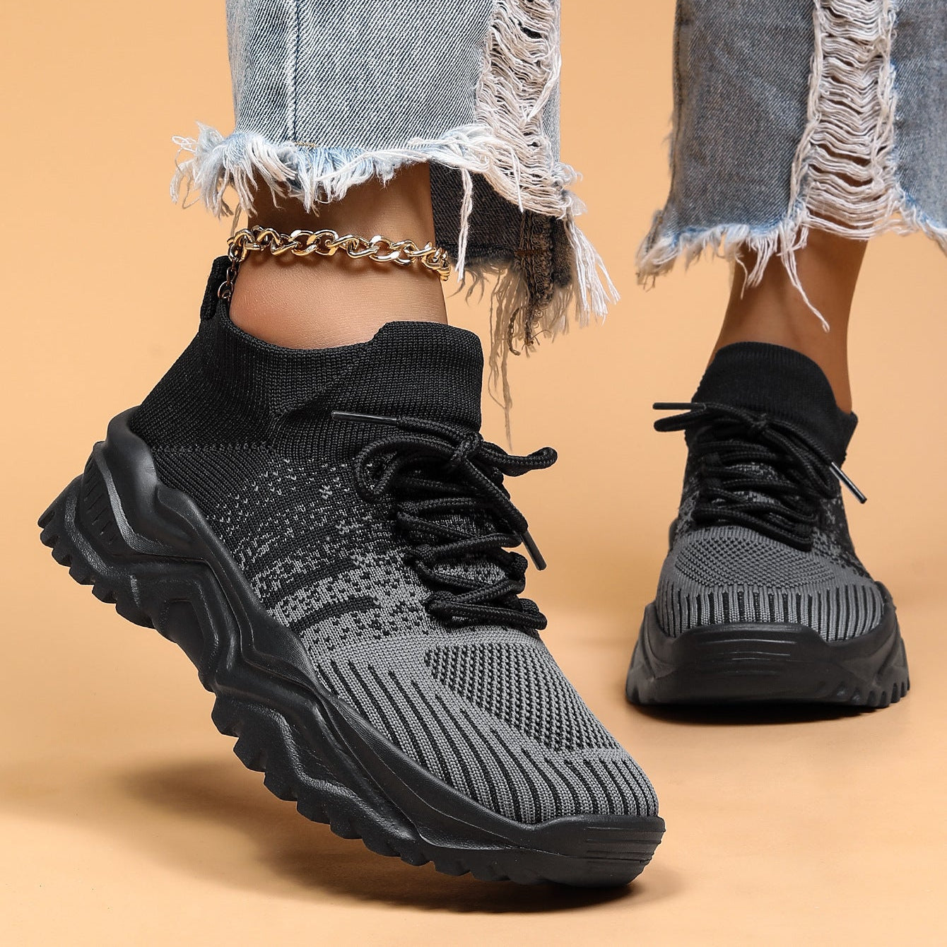 Women Knit Sneakers Chunky Platform Sock Shoes Lace Up Breathable Casual Trainers