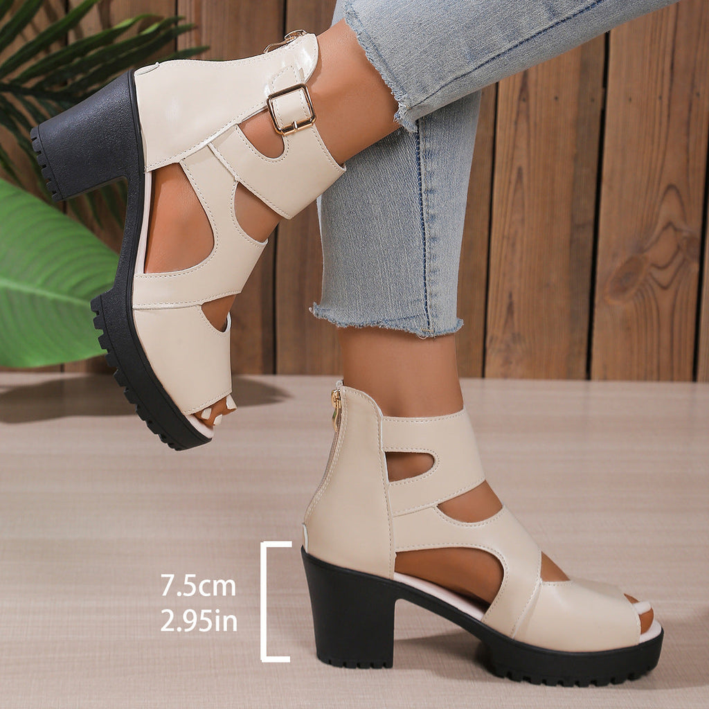 Women Peep Toe Platform Chunky Heel Sandals with Ankle Buckle 7.5cm