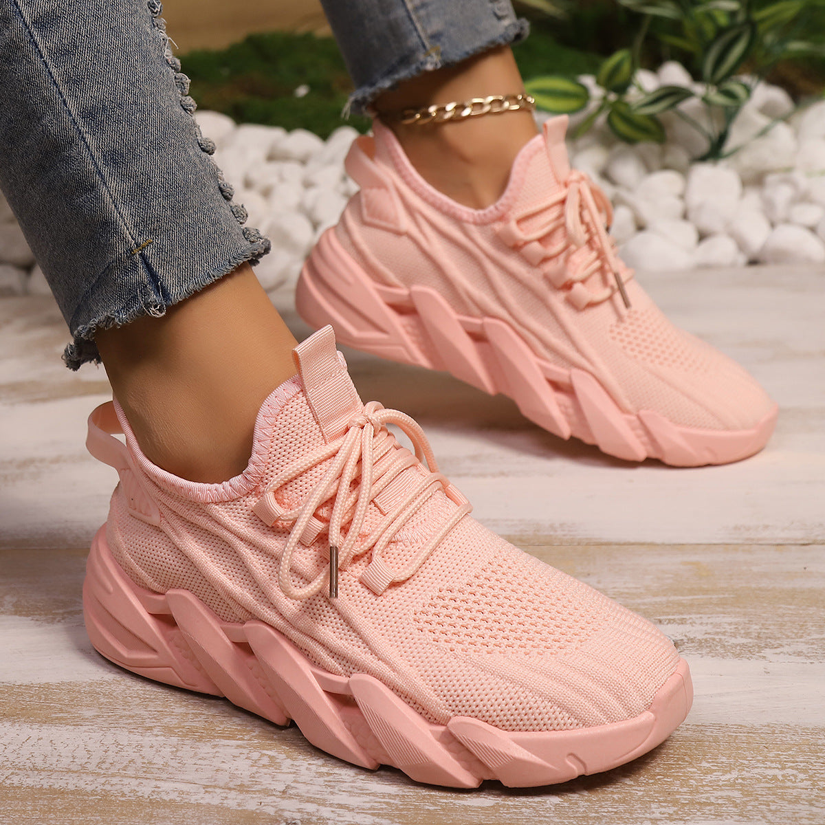 Women's Chunky Platform Mesh Sneakers - Lightweight Breathable Lace-Up Casual Shoes
