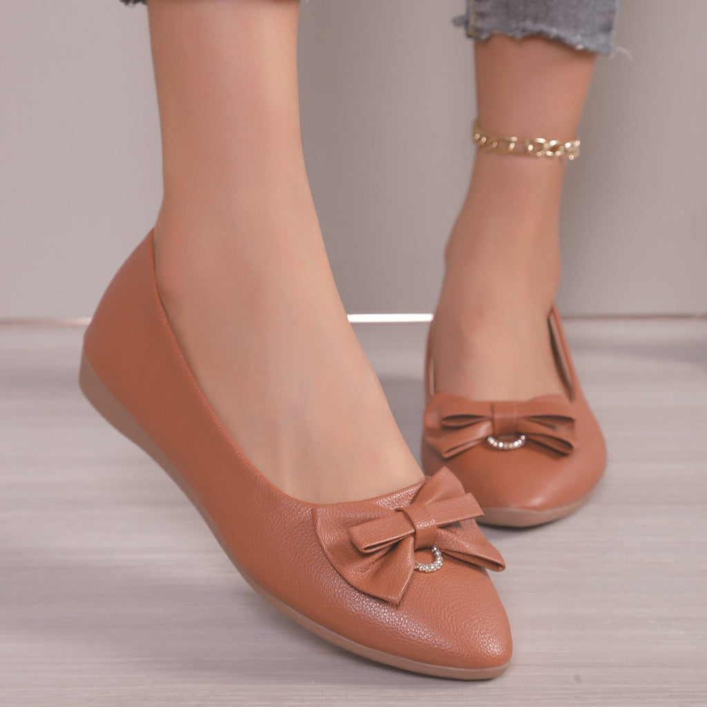 Women Pointed Toe Bow Flats with Rhinestone Comfort Low Wedge Shoes