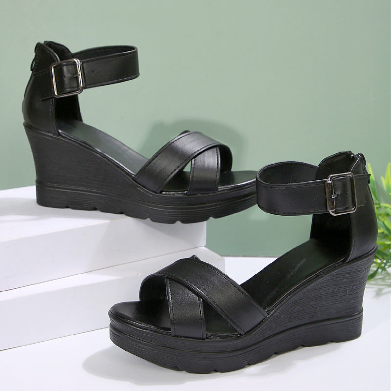 Women's Black Platform Wedge Sandals with Ankle Buckle Strap – Comfortable Chunky Summer Shoes