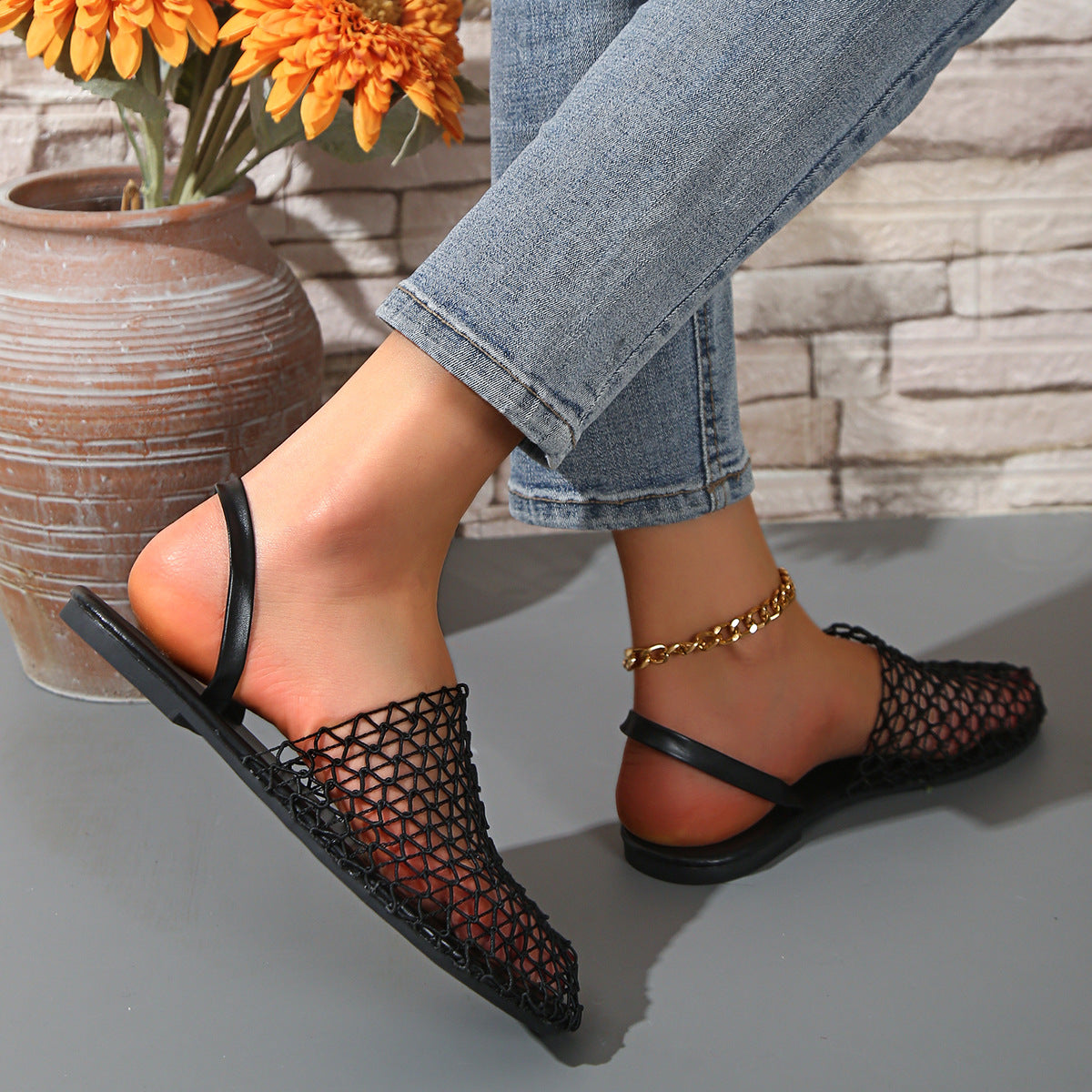 Women's Breathable Mesh Slingback Flat Sandals – Hollow Out Woven Comfort Slip-On Shoes