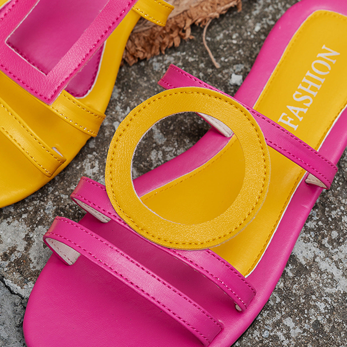 Women's Color Block Square Toe Flat Sandals with Geometric Straps